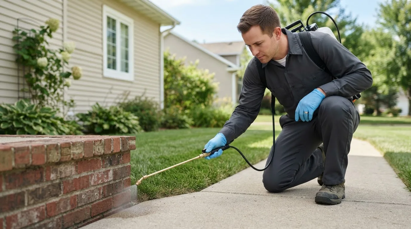 Pest control technician treating a home near Boxborough, MA
