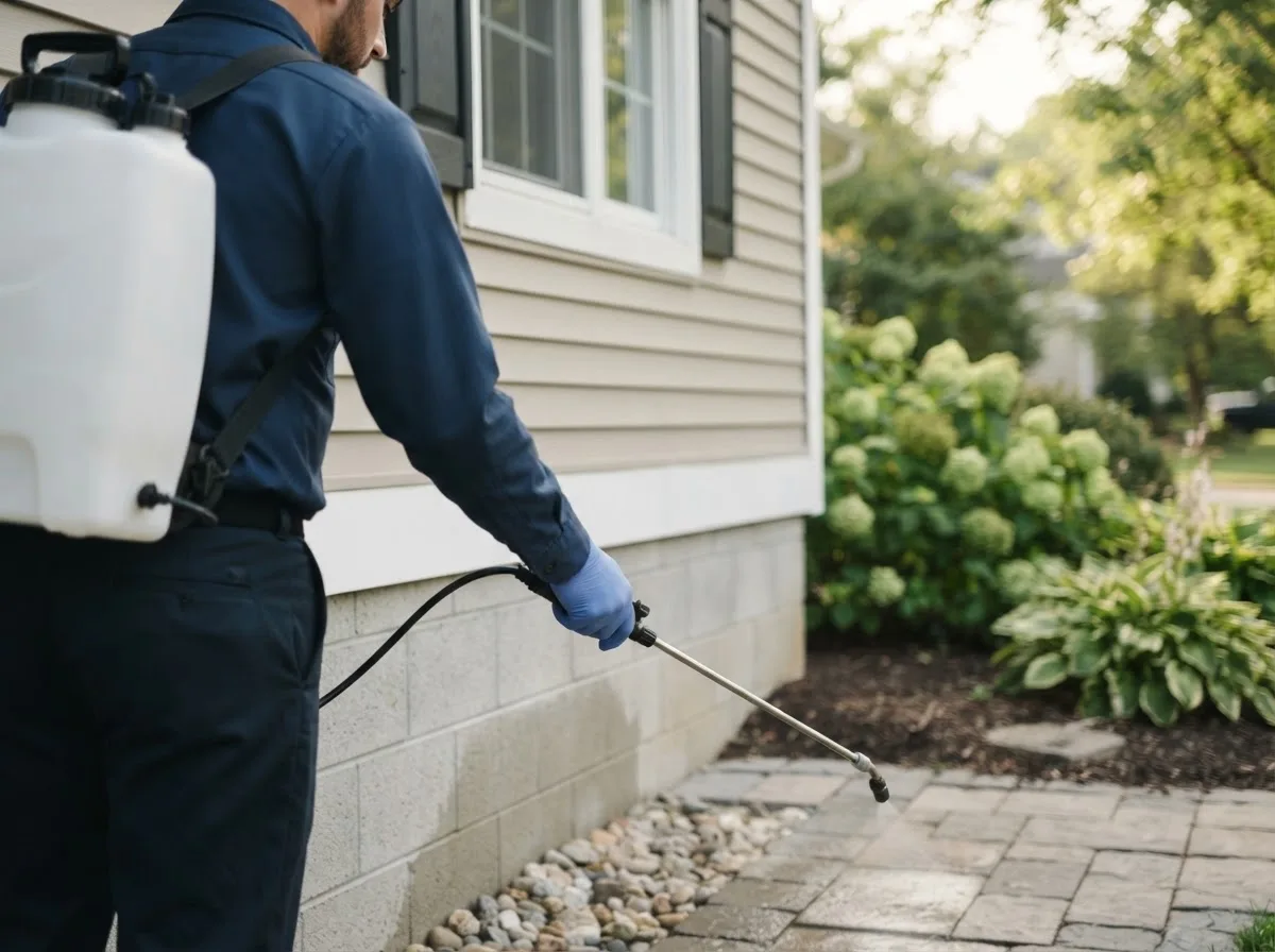 Pest control technician inspecting a home in Boxborough, MA